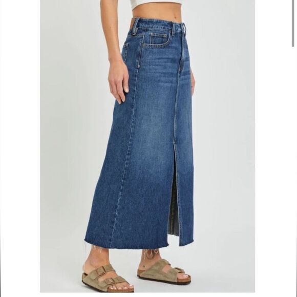 Hidden Small Peyton High Rise Denim Midi Skirt, Front Slit - Picture 3 of 11